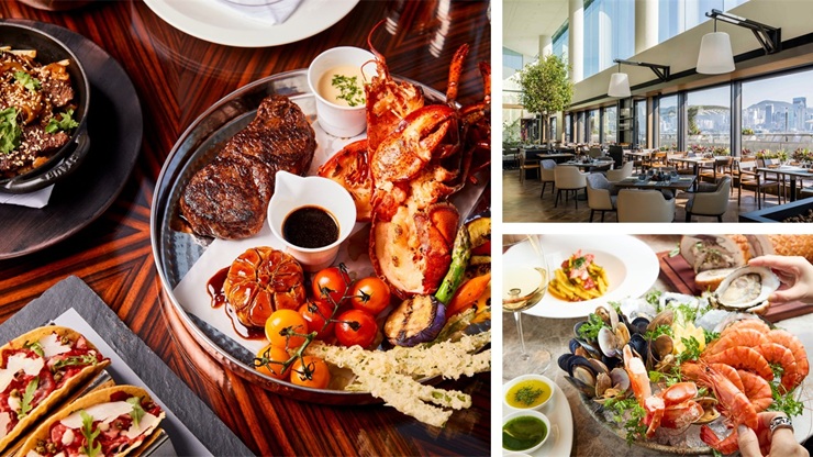 The Lounge at Four Seasons Hotel Hong Kong  (left), Harbourside at Regent Hong Kong (top right), Lucciola at The Hari Hong Kong (bottom right)